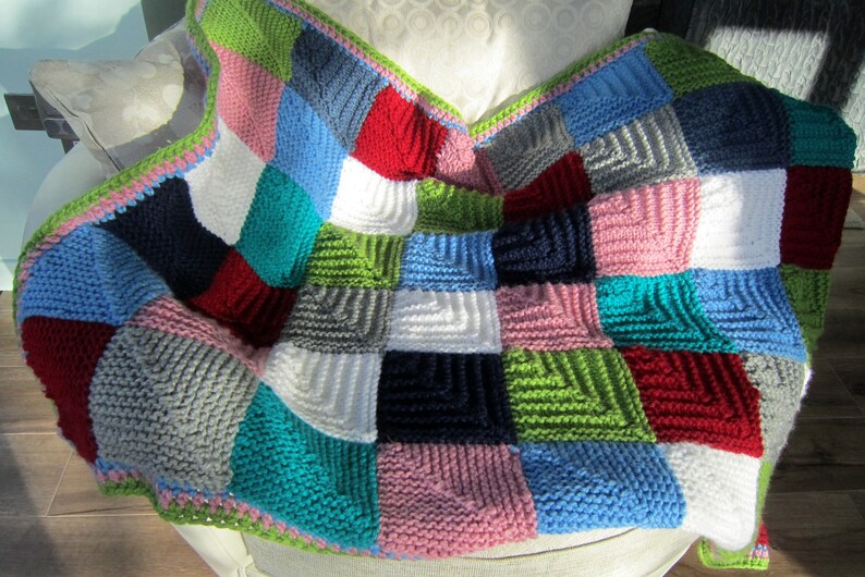 Chunky Knitted Blanket. Multi Coloured Squares Like Granny Etsy