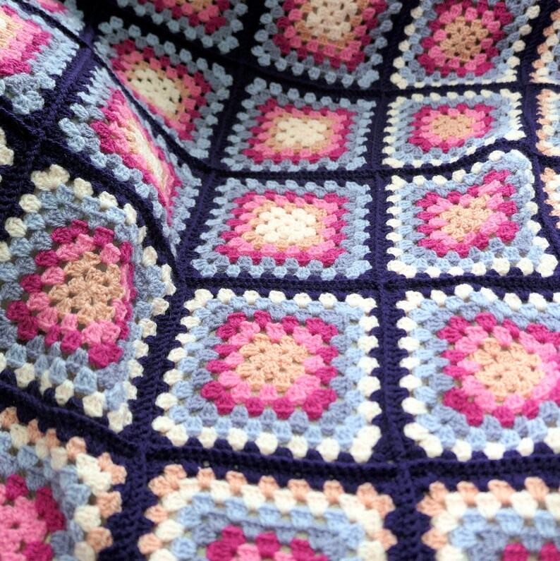 Granny Squares Blanket Crocheted in Pinks and Purples. Chunky Afghan Handmade in Soft Acrylic