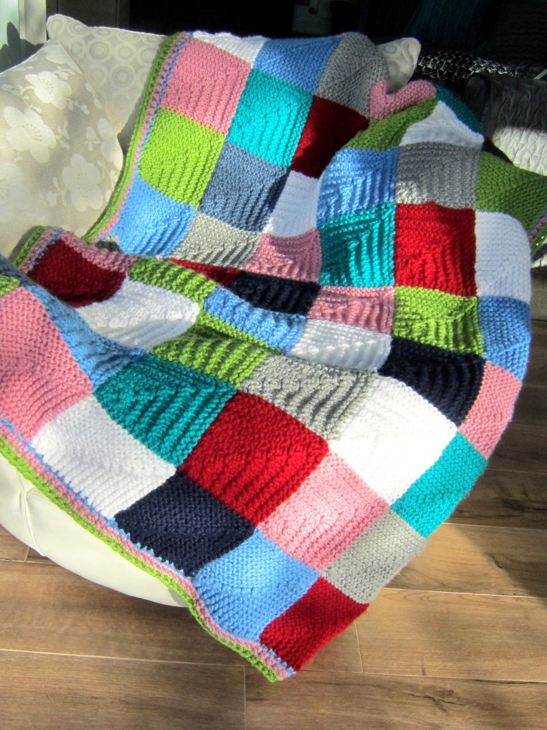 Chunky Knitted Blanket. Multi Coloured Squares Like Granny Etsy