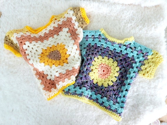 Crocheted Granny Square Baby T-shirts. 0-6 Months. Bright