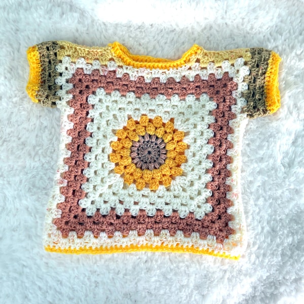 Crocheted granny square baby t-shirt. 6-12 months. Bright summer top for baby. Acrylic or acrylic and cotton. Sun flower rainbow top.