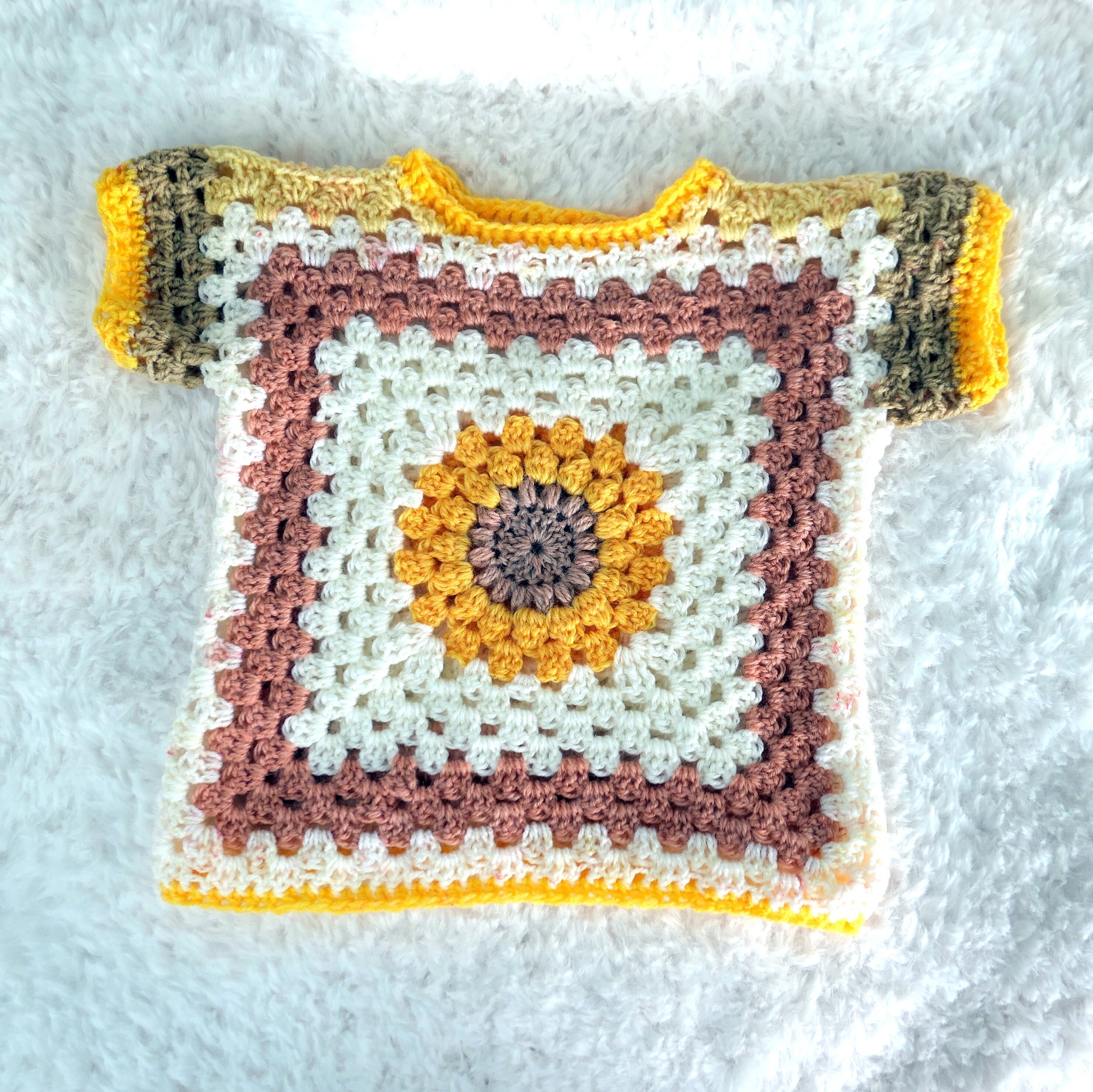 Crocheted Granny Square Baby T-shirt. 6-12 Months. Bright