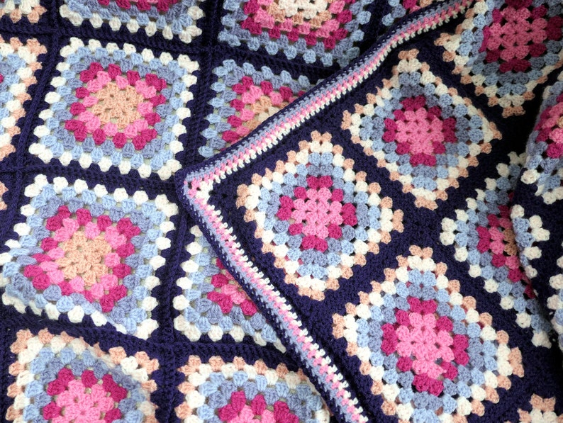 Granny Squares Blanket Crocheted in Pinks and Purples. Chunky Afghan