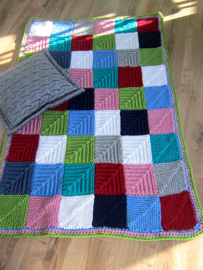 Chunky Knitted Blanket. Multi Coloured Squares Like Granny Etsy