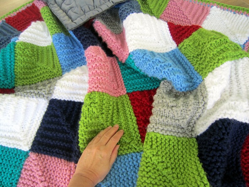 Chunky Knitted Blanket. Multi Coloured Squares Like Granny Etsy