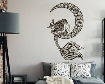 Calcomanía de pared con mandala de sirena: calcomanía de arte de pared con sirena en la luna, decoración bohemia para dormitorio, sala de estar, diseños bohemios únicos para el hogar n.° 207