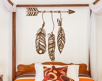 Adhesivo de vinilo con flecha y plumas para pared, para dormitorio, guardería, decoración del hogar, arte de pared con plumas, decoración bohemia para dormitorio, decoración tribal para pared n.° 195