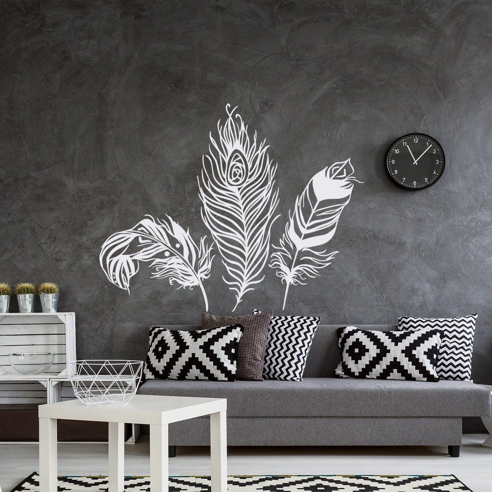 Calcomanía de pared con plumas - Decoración de pared con plumas - Calcomanía de vinilo con plumas - Calcomanía de pared con diseño de bosque - Decoración de dormitorio boho tribal - Arte de pared con plumas n.° 18