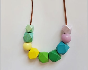 Geometric Faceted wooden beads with Suede leather cord Necklace.Colorful geometric wooden bead necklace.statement bead Geometric Jewelry.