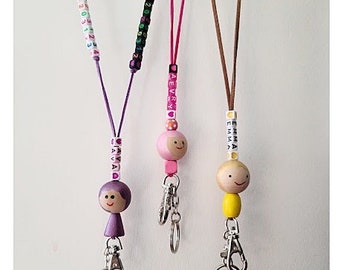 Personalized Colors Names Beads Lanyard for Kids / Doll face Lanyard for Girls/ Id Badge Lanyard,Breakaway Key Lanyard/ Gift to Girl