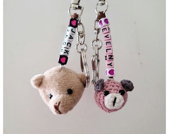 Tiny Bear Name Key chain/Bear face Crochet Keychain/ Small Bear Plush Bear Keychain with Name/Gift to Kids