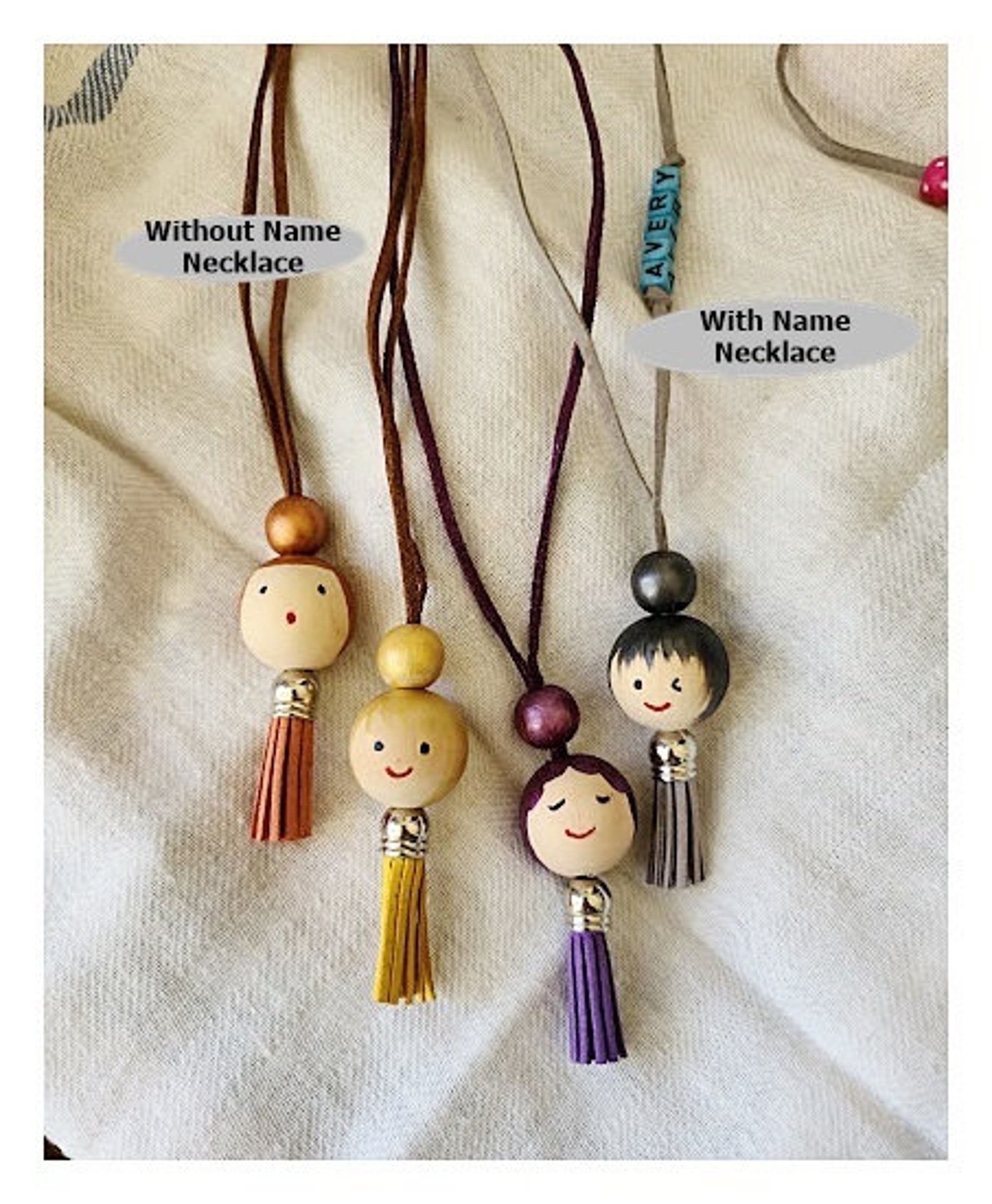 Doll Face Wooden Bead Necklace. Wooden Bead Doll Necklace. Handmade