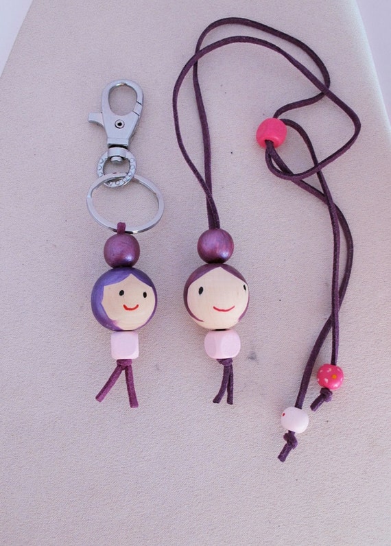 Wooden Bead Doll Face Necklace.and Doll Face Key Chain Set. Etsy