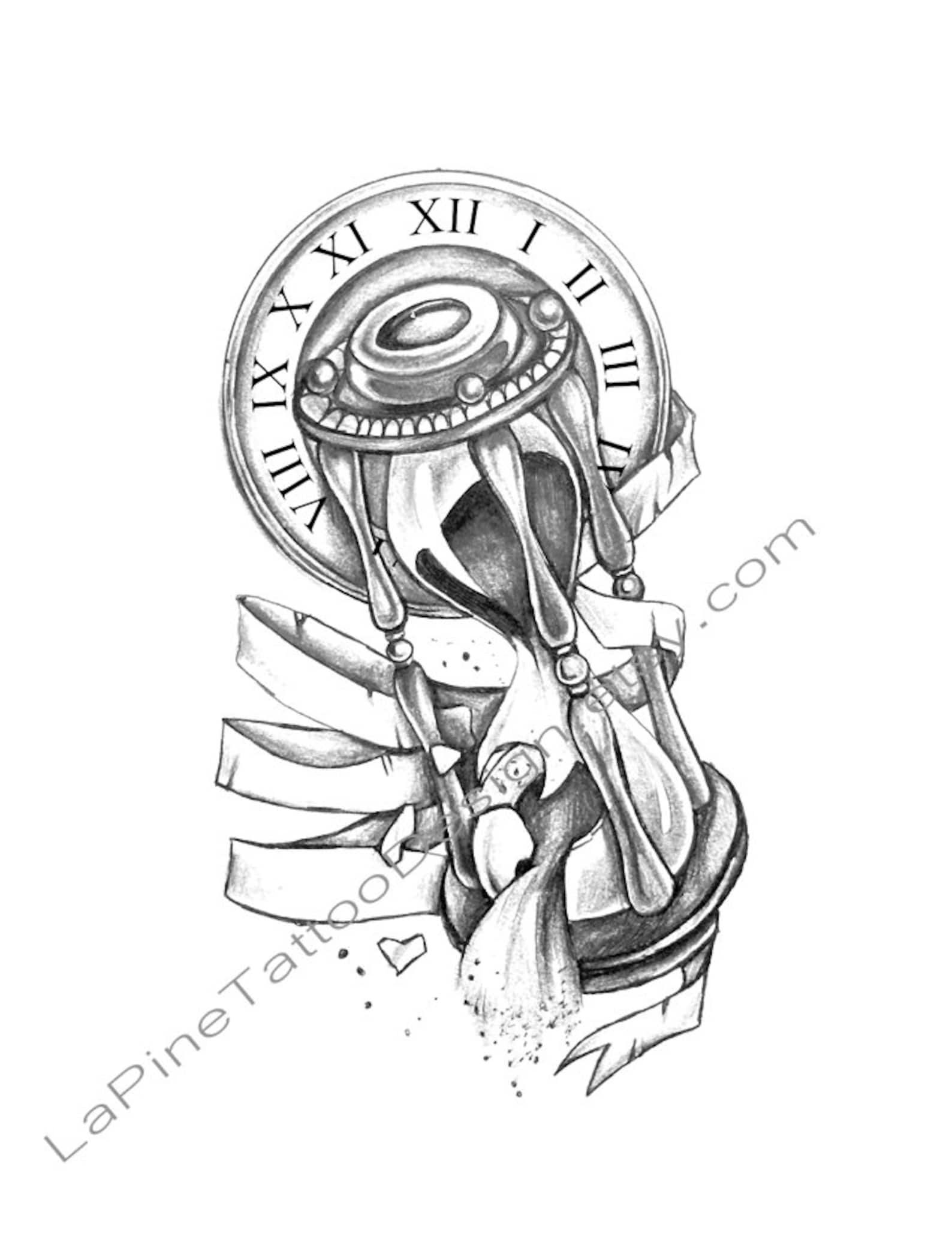 Clock with Broken Hourglass Tattoo Design Etsy