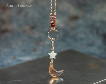 Morganiet maansikkel ketting, regenboog maansteen ster, sterlingzilver