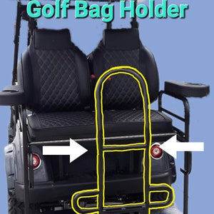 Golf Bag Holder for EPIC Golf Carts, Easily Removable, No Drilling Required, fits EPIC carts with Round Angled Top Tube Rear Bar, E40, E60