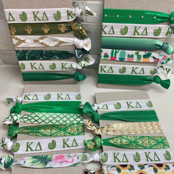 Kappa Delta Hair Ties-set of 6 Perfect for Bid Week or Big/Little Reveal--Go green frogs:)