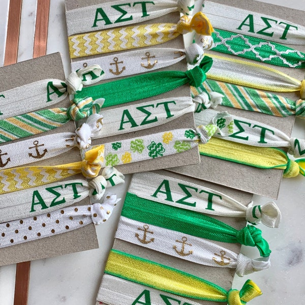 Alpha Sigma Tau Hair Ties - set of 6 Great gift for Bid Week! Go Green Go Gold - AST is the place to be!!