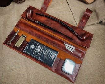 Bison / Buffalo Navajo Rust Leather Churchwarden Tobacco Pipe Pouch / Pipe Roll / Pipe Bag