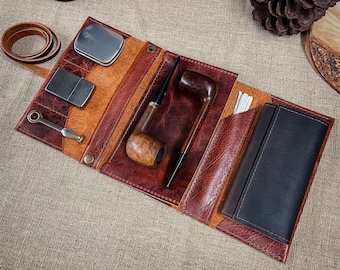 Bison / Buffalo Leather - Large Tobacco Pipe Pouch / Pipe Roll / Pipe Bag - Navajo Rust Finish with Removable Pipe Rest