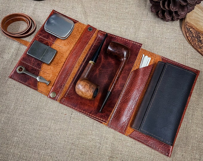Featured listing image: Bison / Buffalo Leather - Large Tobacco Pipe Pouch / Pipe Roll / Pipe Bag - Navajo Rust Finish with Removable Pipe Rest