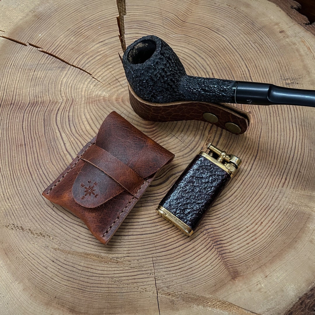 Rustic Kodiak Leather - Large Tobacco Pipe Pouch / Pipe Roll / Pipe Bag -  Oiled Caramel Finish with Removable Pipe Rest