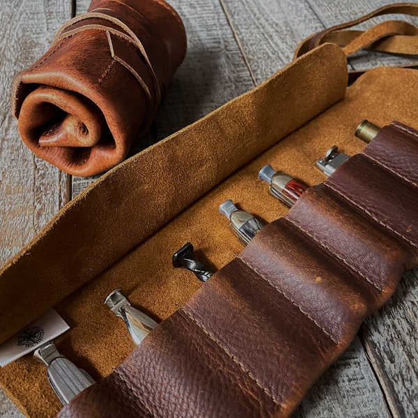 Handmade Leather Tamper Knife Roll: 7-Slot Kodiak or Bison Pouch