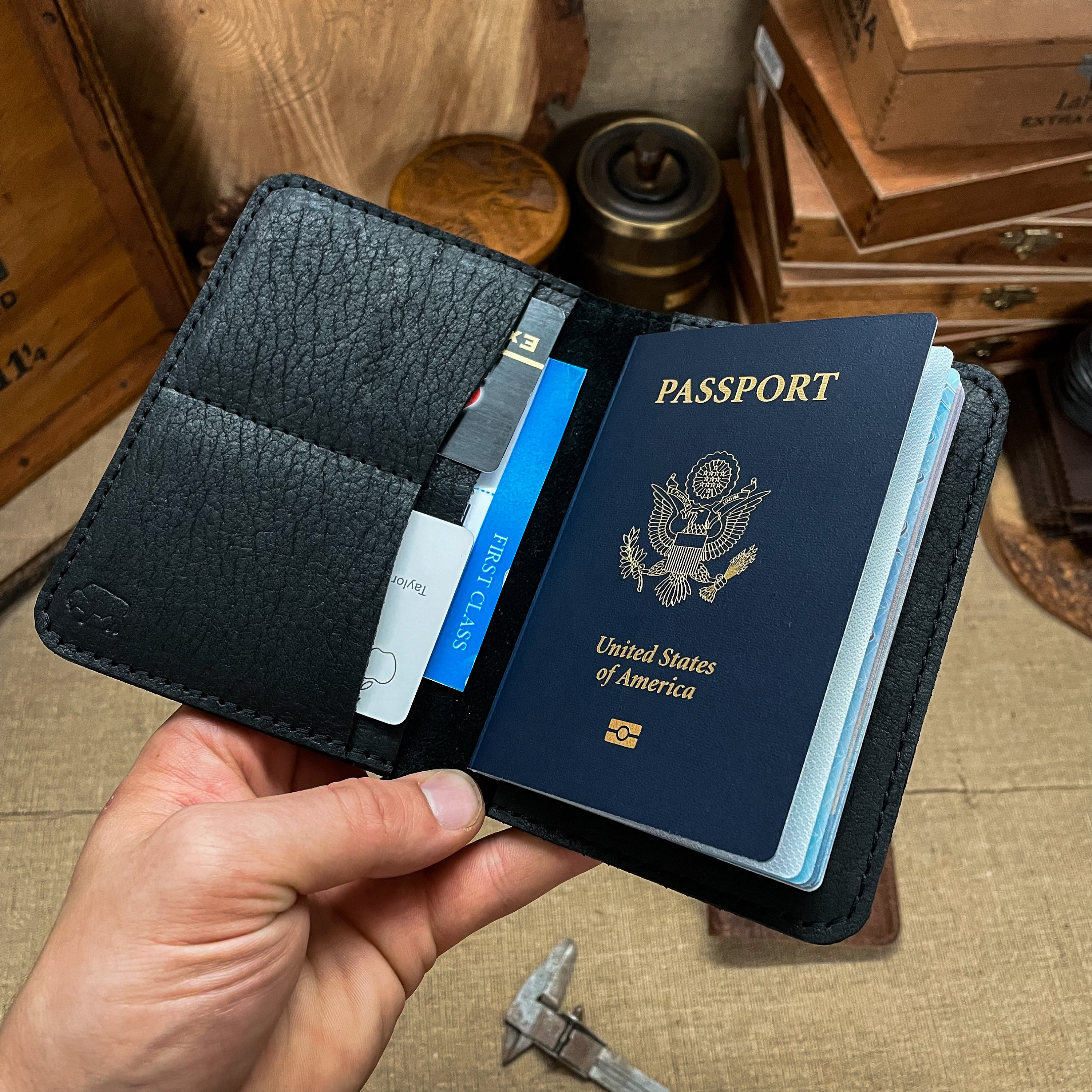 Buffalo Leather Passport Wallet - Black