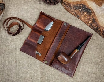 Bison / Buffalo Leather - Medium Tobacco Pipe Roll / Pipe Pouch / Pipe Bag - Apache Whiskey Finish with Removable Pipe Rest