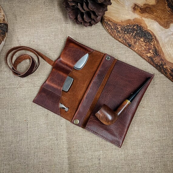 Bison / Buffalo Leather - Medium Tobacco Pipe Roll / Pipe Pouch / Pipe Bag  - Apache Whiskey Finish With Removable Pipe Rest