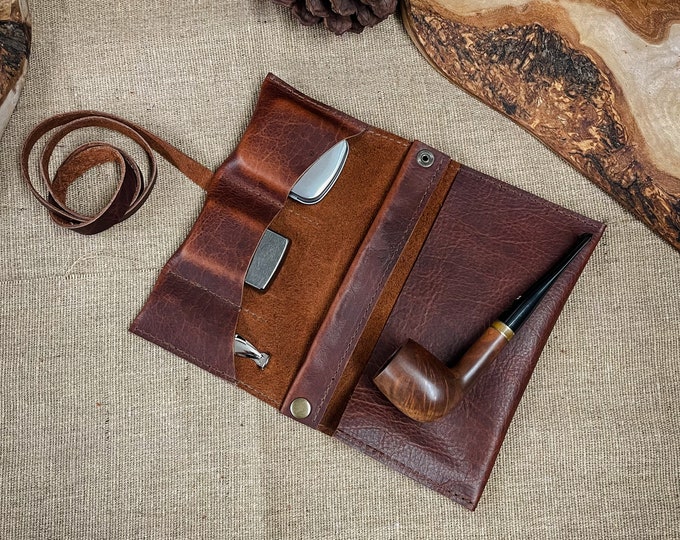 Featured listing image: Bison / Buffalo Leather - Medium Tobacco Pipe Roll / Pipe Pouch / Pipe Bag - Apache Whiskey Finish with Removable Pipe Rest