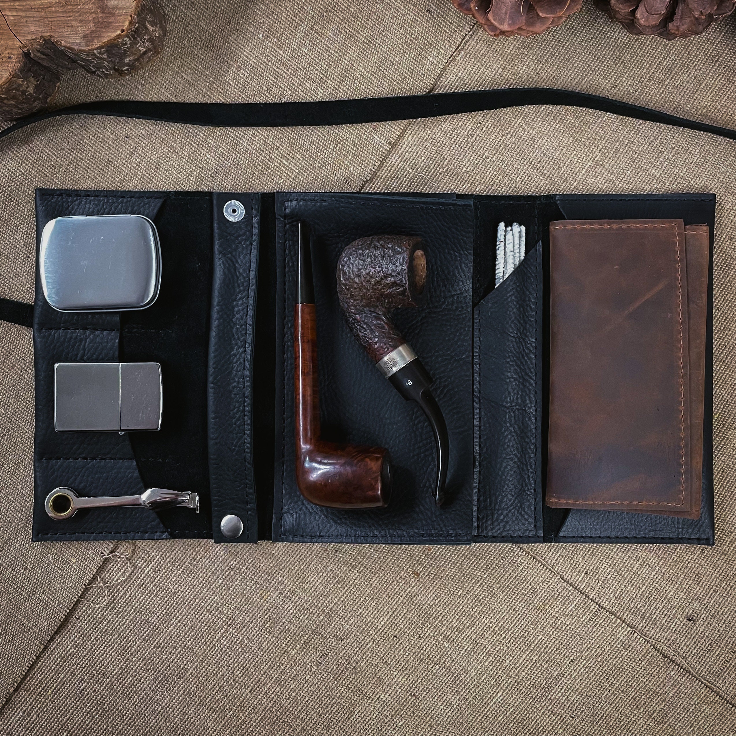 Mdream Black Leather 3-Pipe Carrying Case With Integrated Tobacco Pouch