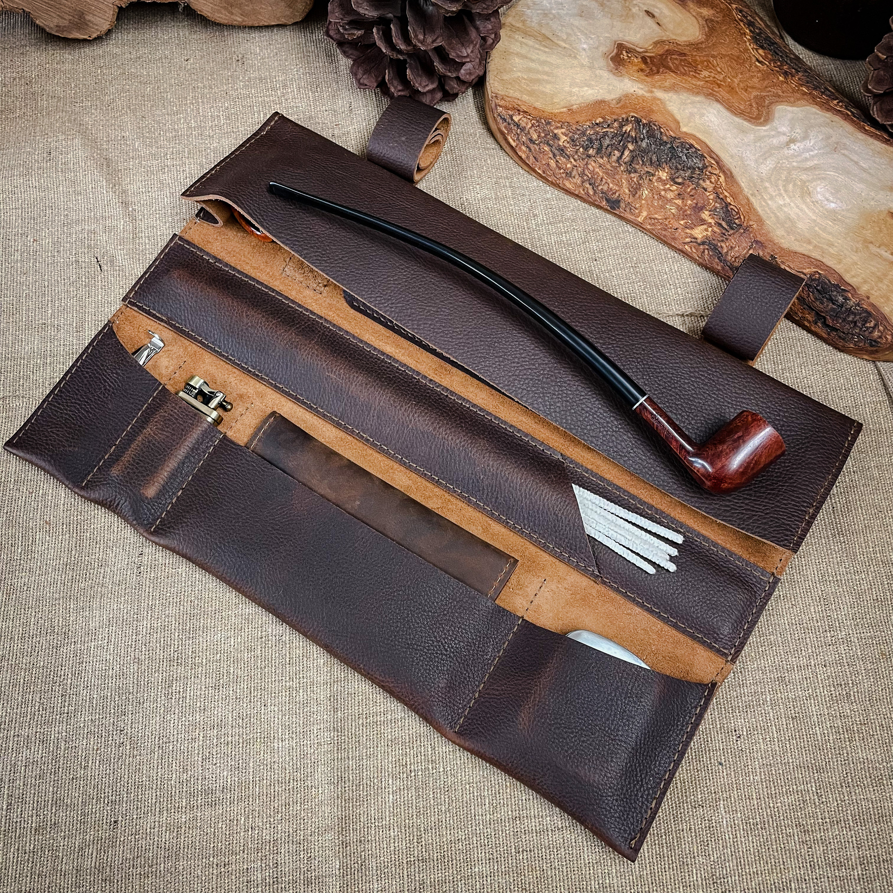 Rustic Kodiak Leather - Large Tobacco Pipe Pouch / Pipe Roll