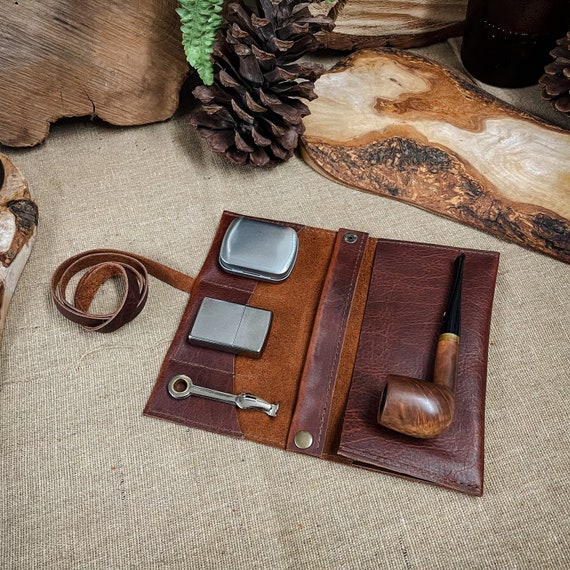Bison / Buffalo Leather - Medium Tobacco Pipe Roll / Pipe Pouch / Pipe Bag  - Apache Whiskey Finish With Removable Pipe Rest