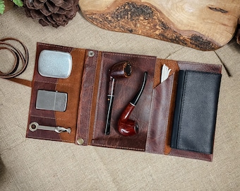 Bison / Buffalo Leather - Large Tobacco Pipe Roll / Pipe Pouch / Pipe Bag - Apache Whiskey Finish with Removable Pipe Rest