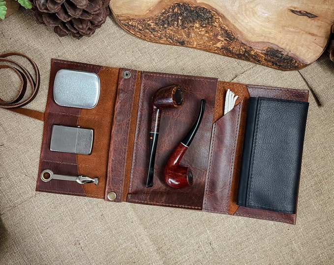 Featured listing image: Bison / Buffalo Leather - Large Tobacco Pipe Roll / Pipe Pouch / Pipe Bag - Apache Whiskey Finish with Removable Pipe Rest