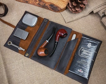 Rustic Kodiak Leather - Large Tobacco Pipe Pouch / Pipe Roll / Pipe Bag - Oiled Dark Brown Finish with  Removable Pipe Rest