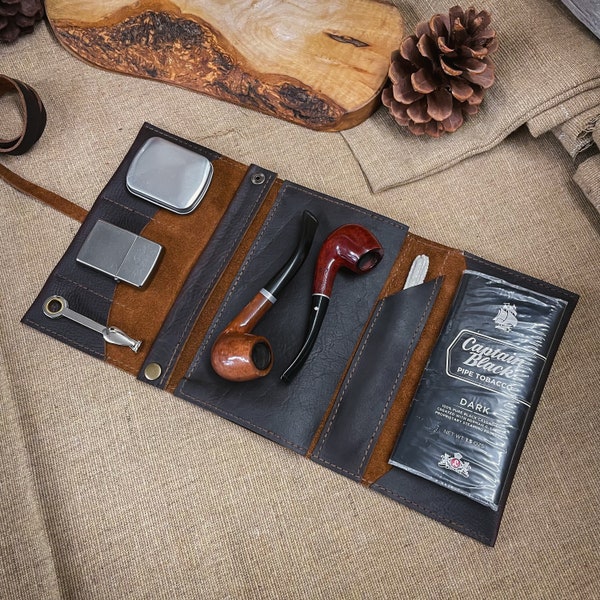 Rustic Kodiak Leather - Large Tobacco Pipe Pouch / Pipe Roll / Pipe Bag - Oiled Dark Brown Finish with  Removable Pipe Rest
