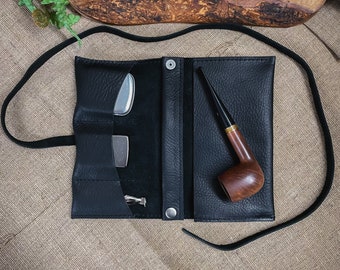 Kodiak Leather - Medium Tobacco Pipe Pouch / Pipe Roll / Pipe Bag - Oiled Black Finish with Removable Pipe Rest