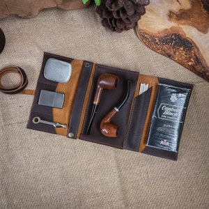 Rustic Kodiak Leather - Large Tobacco Pipe Pouch / Pipe Roll / Pipe Bag - Oiled Caramel Finish with Removable Pipe Rest