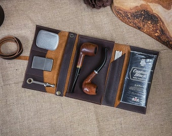 Rustic Kodiak Leather - Large Tobacco Pipe Pouch / Pipe Roll / Pipe Bag - Oiled Caramel Finish with Removable Pipe Rest