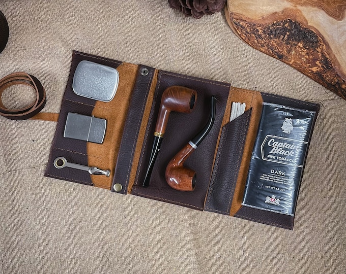 Featured listing image: Rustic Kodiak Leather - Large Tobacco Pipe Pouch / Pipe Roll / Pipe Bag - Oiled Caramel Finish with Removable Pipe Rest