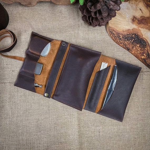 thumbnail image 2 of Black Leather Tri-Fold Roll-Up Pipe Tobacco Pouch – Surgical Rubber Lined, Style 9205 2 of 3