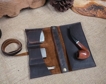 Rustic Kodiak Leather - Medium Tobacco Pipe Pouch / Pipe Roll / Pipe Bag - Oiled Dark Brown Finish with Removable Pipe Rest