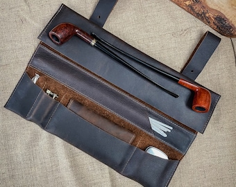 Dark Brown Kodiak Churchwarden Tobacco Pipe Pouch / Pipe Roll / Pipe Bag