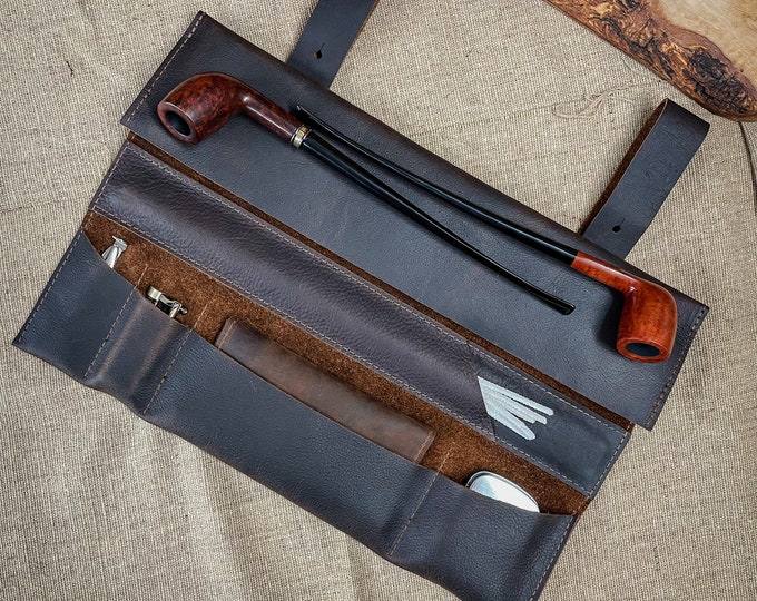 Featured listing image: Dark Brown Kodiak Churchwarden Tobacco Pipe Pouch / Pipe Roll / Pipe Bag