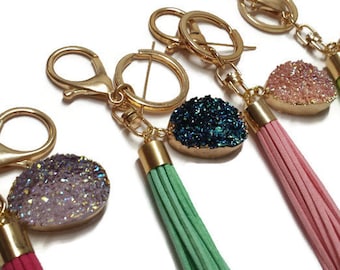 Tassel Keychain with Druzy Resin Pendant