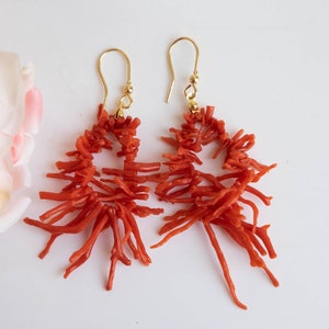 Natural Mediterranean red coral earrings with sprigs, V3 golden silver, Italian earrings