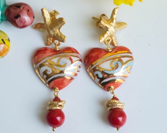 Caltagirone ceramic earrings, hearts with gold leaf, coral paste, brass, Sicilian earrings