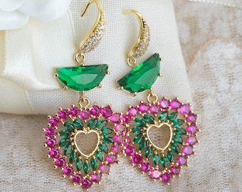 HEART earrings with ruby and emerald crystals, vintage style, Italian dangle earrings